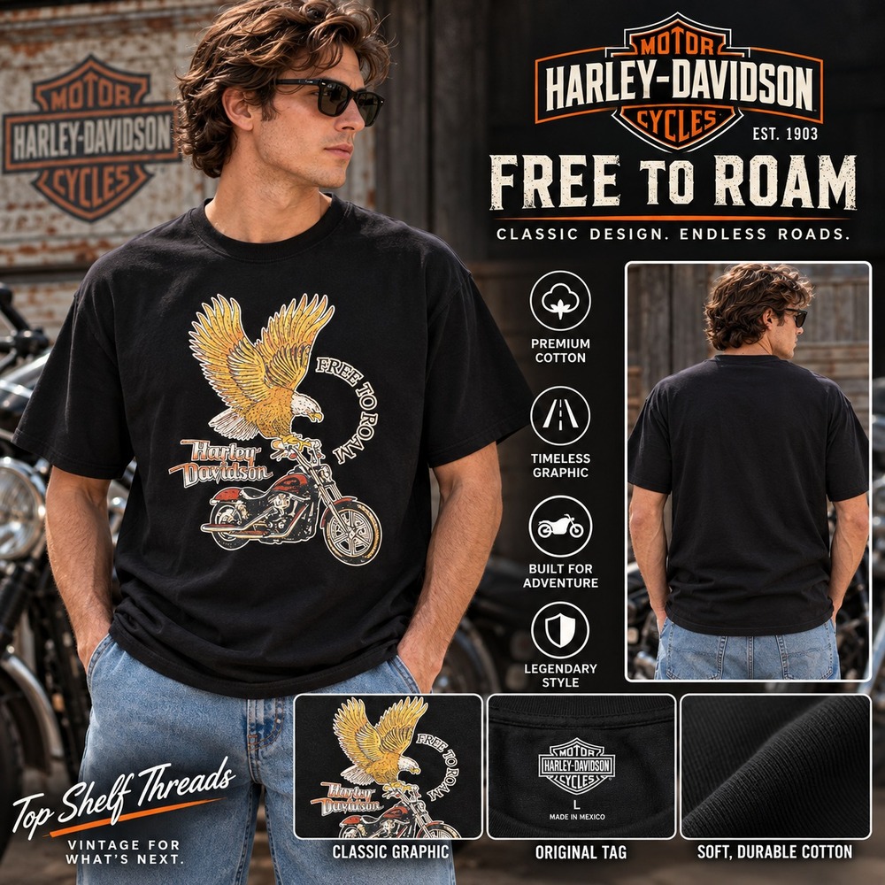 Harley Davidson Men L Black Free To Roam Eagle Motorcycle Slim Fit Biker T-Shirt